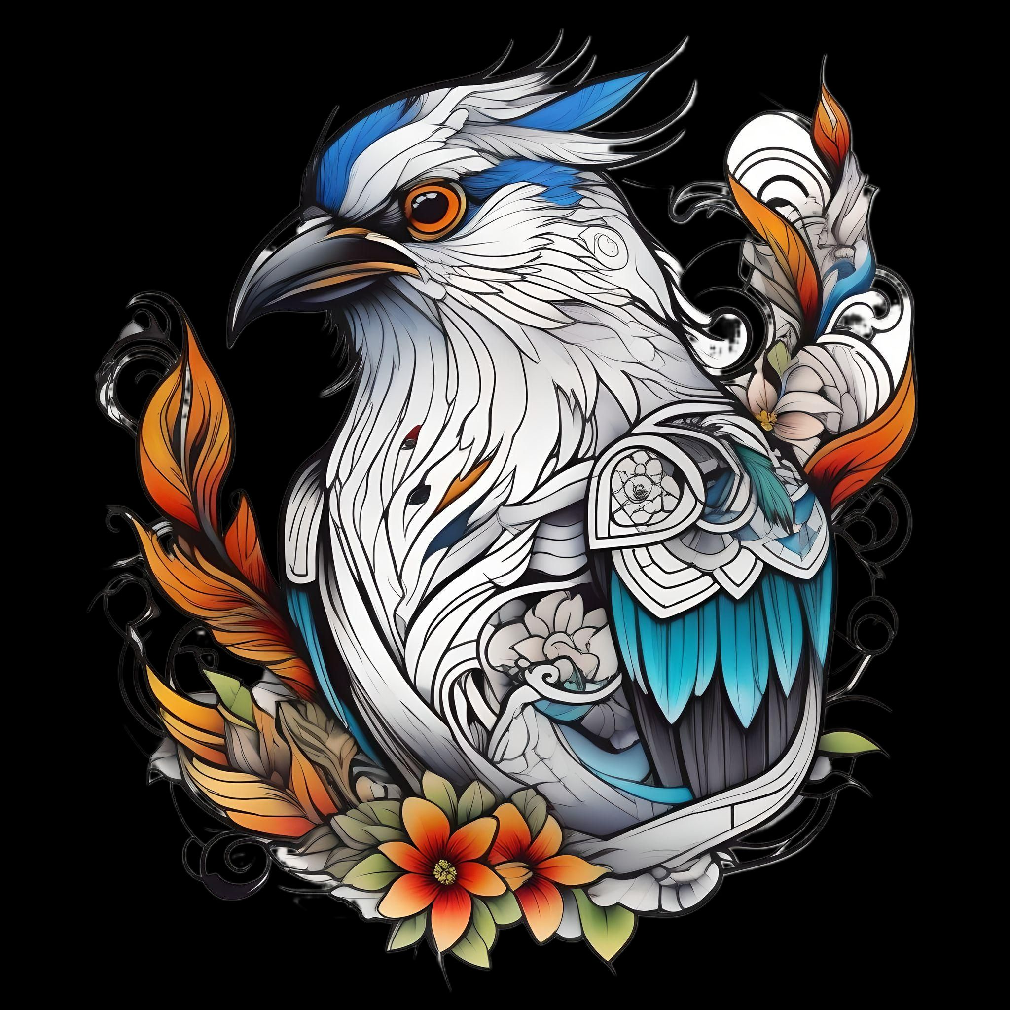 Anime-style bird and flowers tattoo design